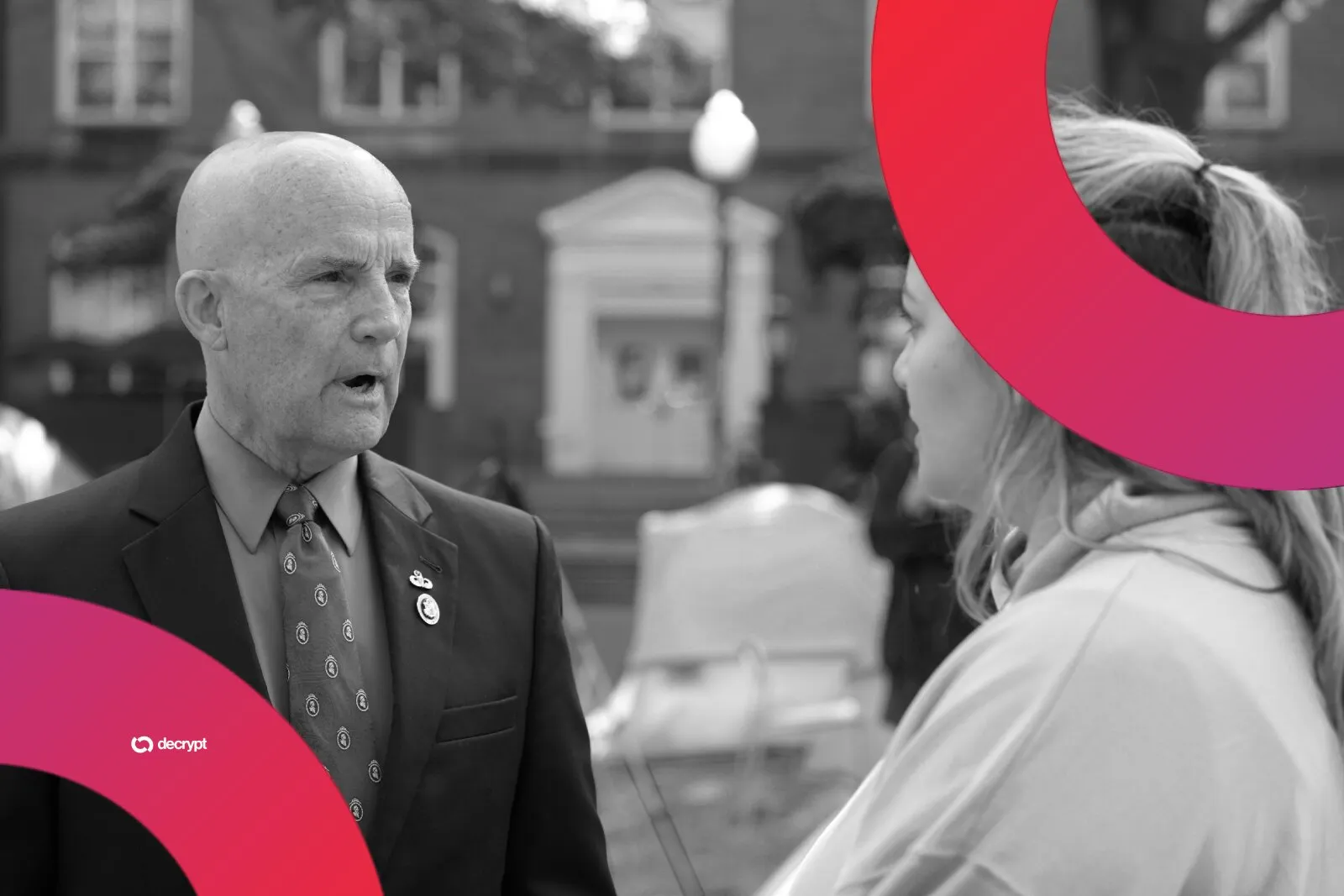 Rep. Keith Self (R-TX) speaks with a protester. Image: Shutterstock/Decrypt