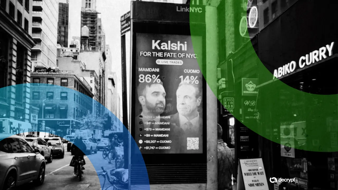 Kalshi prediction market data displayed in New York City. Image: Decrypt/Shutterstock