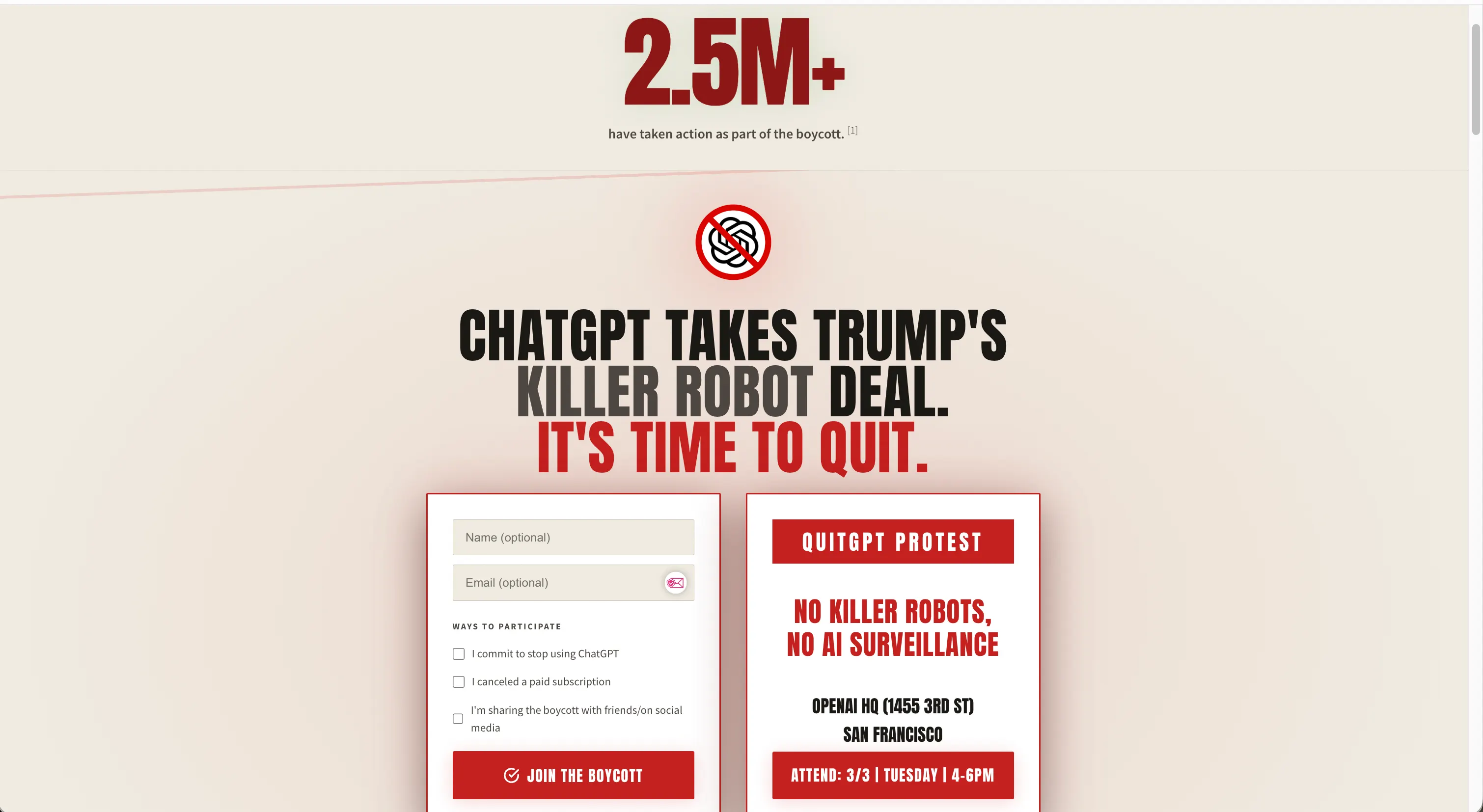 Screenshot of the QuitGPT pledge page.