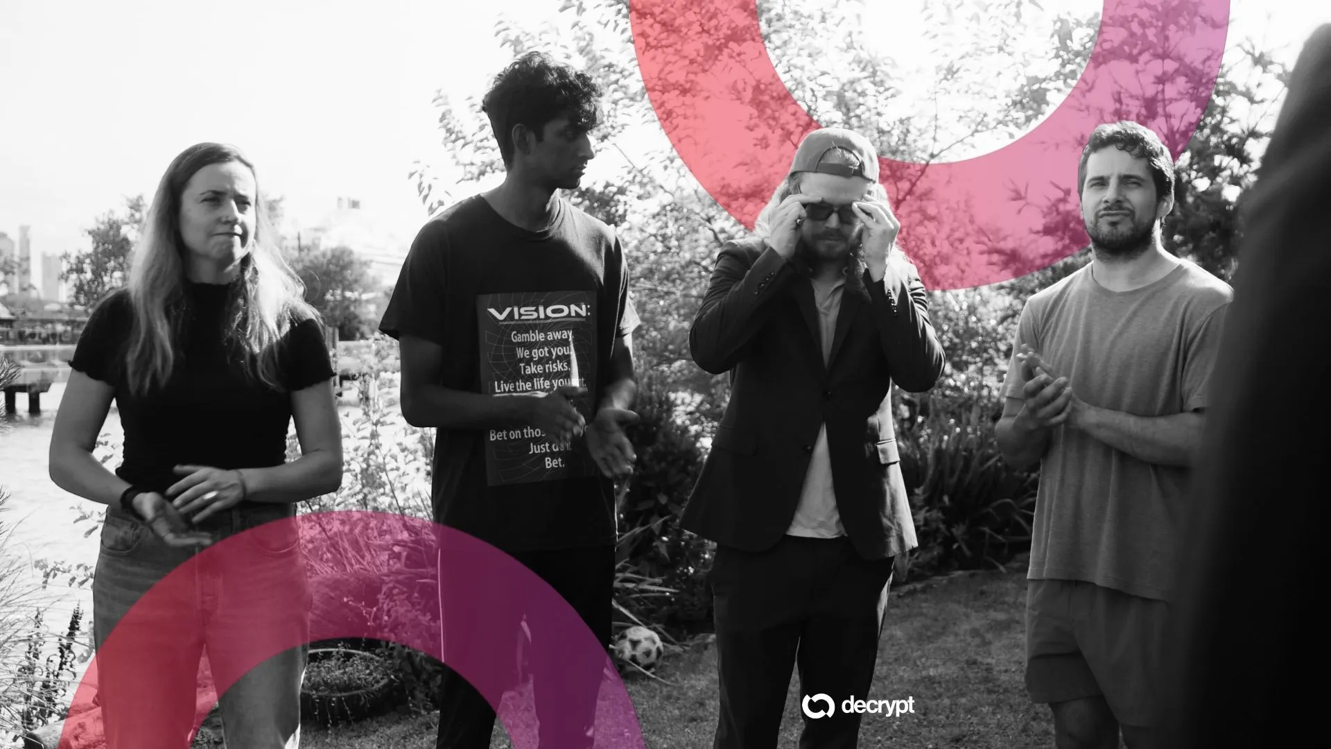 Viv (Viv Ford), Ray (Aakash Kesavarapu), Trent (Richard Templeton) and Pierre (Nate Wise) in Crypto Castle. Image: Crypto Castle/Decrypt