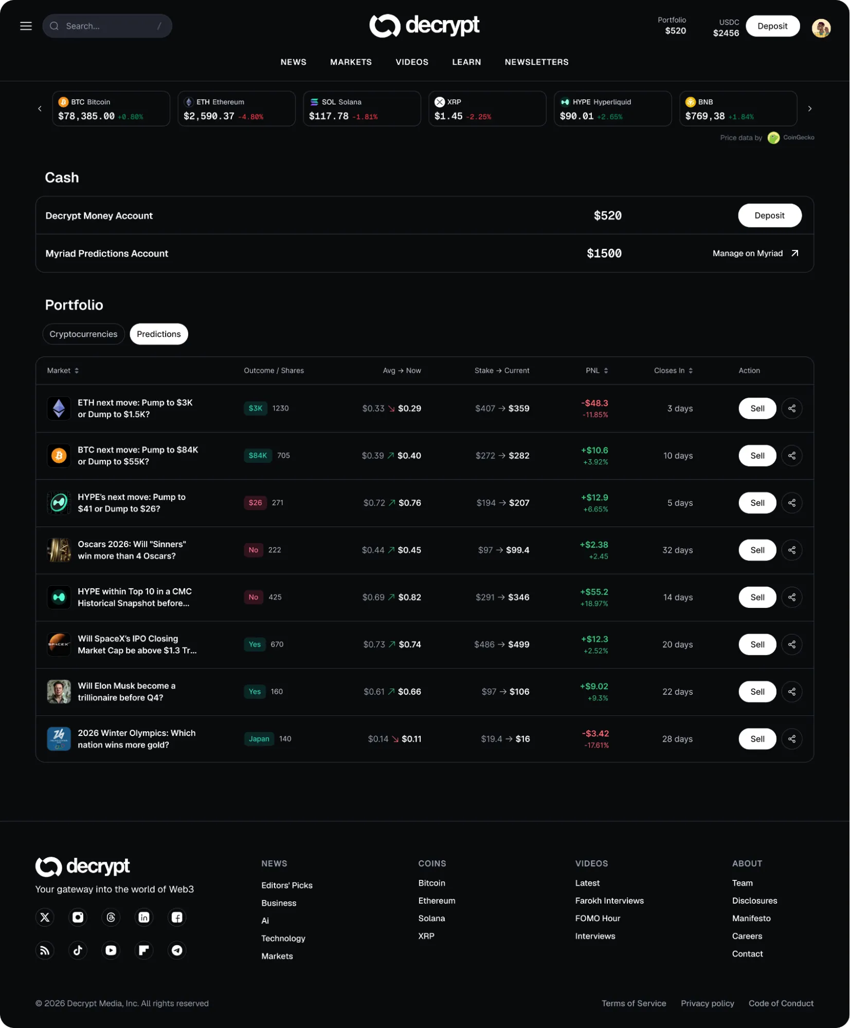 Decrypt Portfolio – Prediction Market