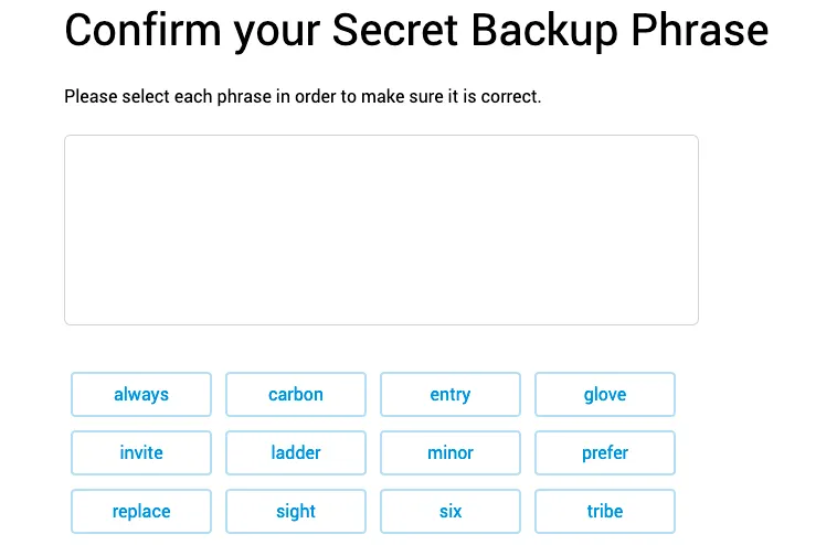 MetaMask "confirm backup phrase" screen