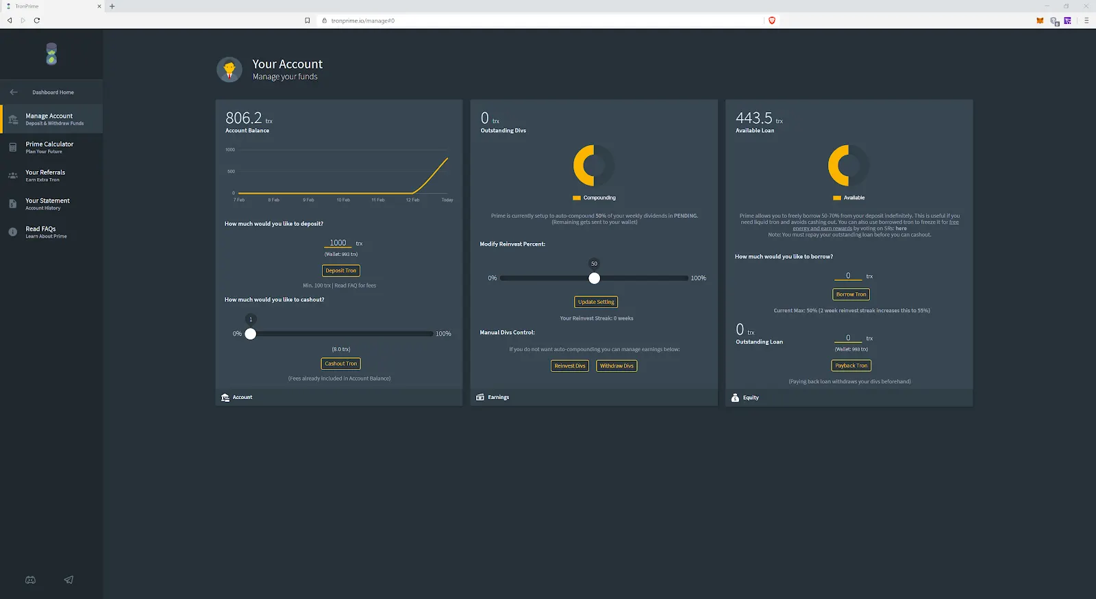 Prime's Tron dashboard is well laid out.