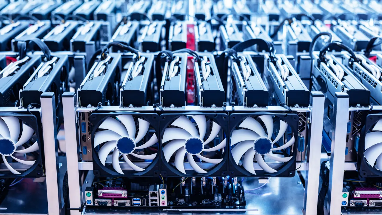 A rack of Bitcoin mining machines