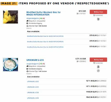 Screengrab of dark web Berlusconi market showing mustard gas and U-239 for sale