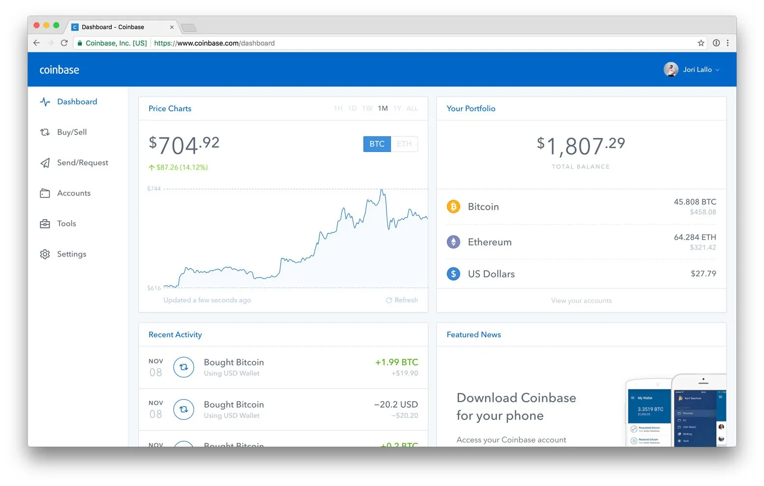 Coinbase menu screen