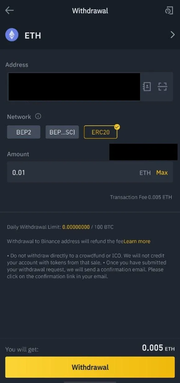 Binance withdrawal screenshot