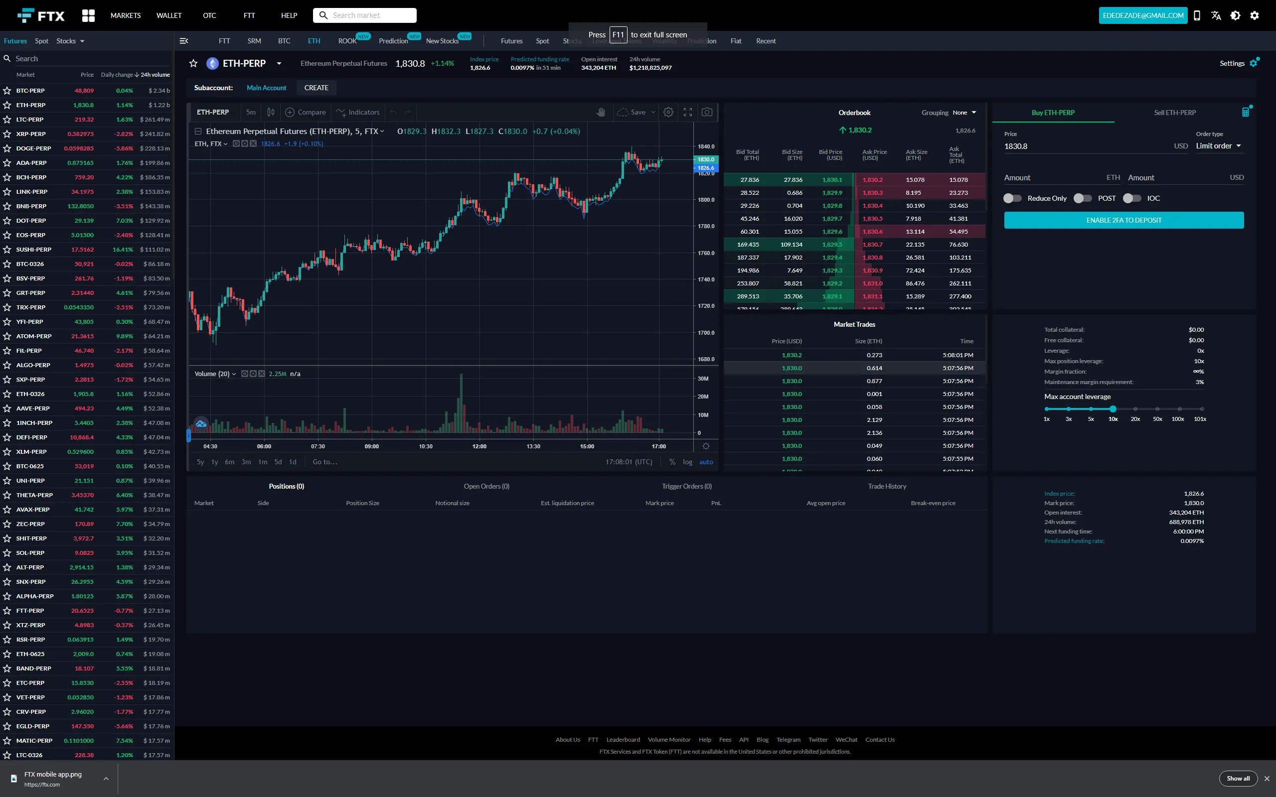 FTX exchange screenshot