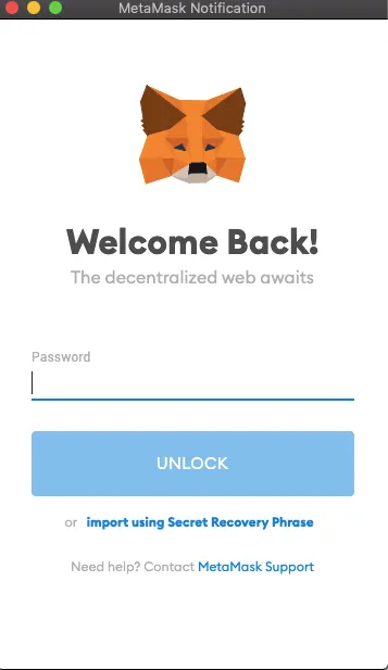 Pantalla de Bienvenida de la Wallet de NFT Metamask