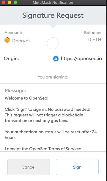 Pantalla de firma con Metamask