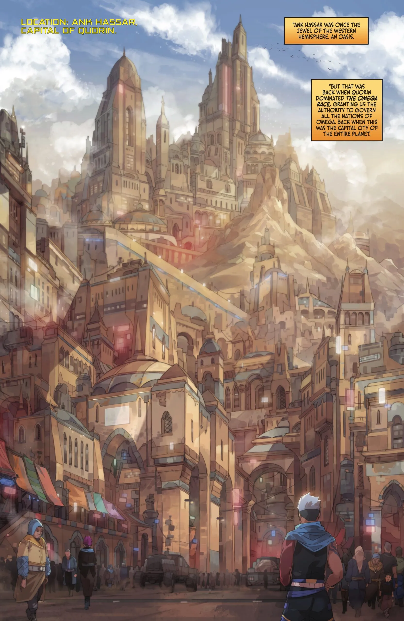 Illustration of town with castles in futuristic society.