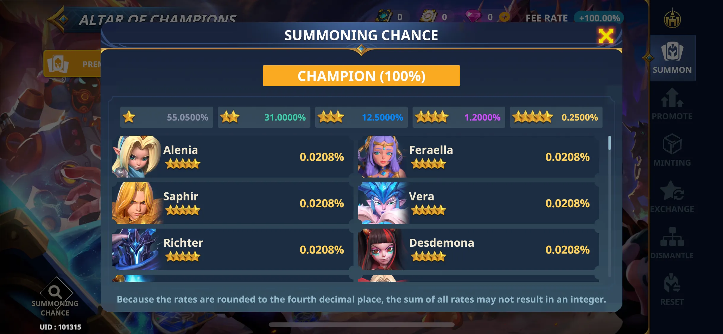 Screenshot showing the percentage chance rates that Alennia, Saphir, Richter, and others could be summoned. The percentage chance for all is roughly 0.02%.