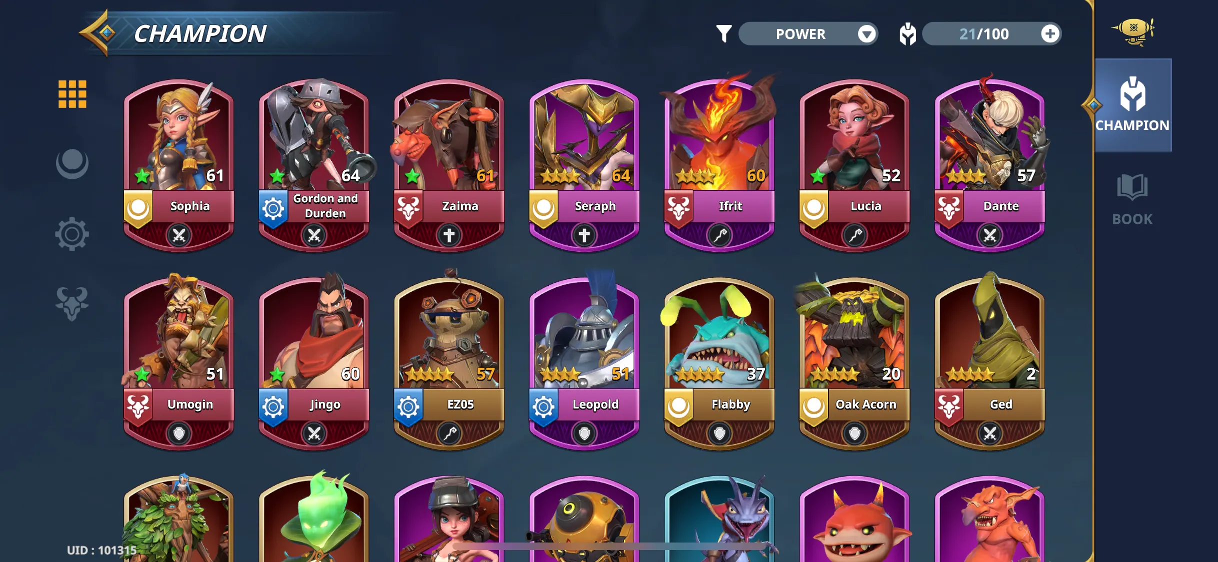 Screenshot showing 21 unlocked champions.