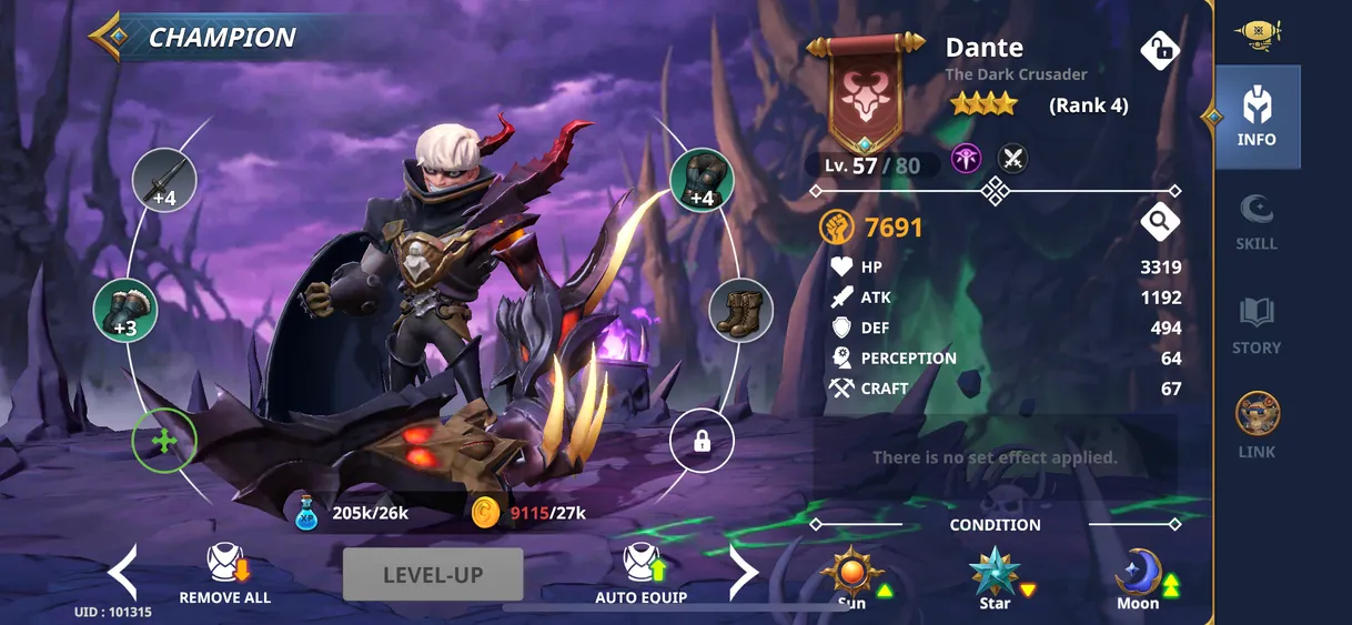 Champions Arena character screenshot showing Dante character unlocked with upgraded gear, level, and stats.