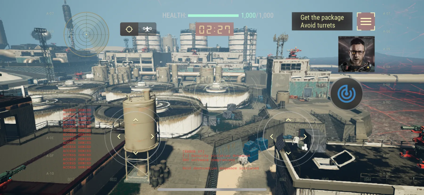 Captura de pantalla del juego Technocore, mostrando una interfaz de dron superpuesta en un entorno industrial.