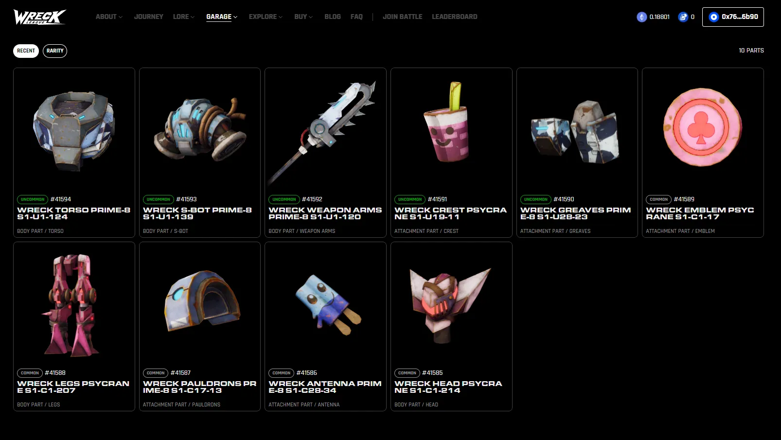 Screenshot showing 10 different mech parts. Most are pink.
