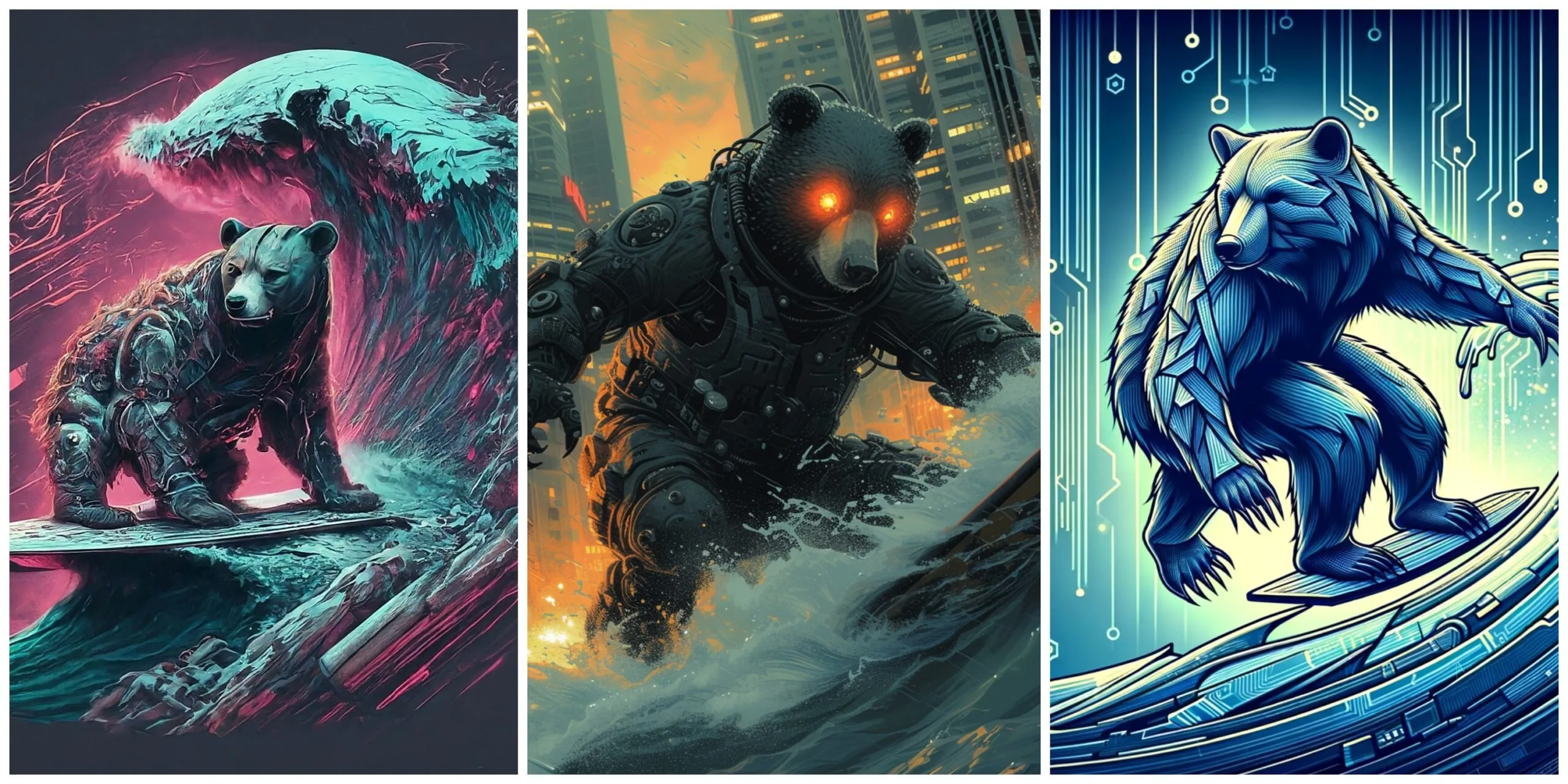 Comparación de generaciones para la ilustración de un misterioso oso surfeando una ola cibernética