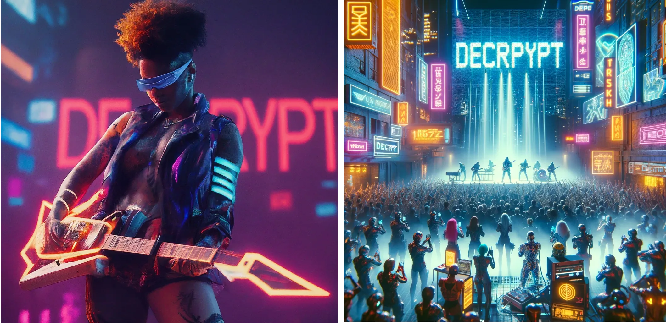 Artista futurista cyberpunk actuando en el escenario con la palabra "DECRYPT" en luces de neón en el fondo. Gemini (izquierda) vs ChatGPT Plus (derecha)