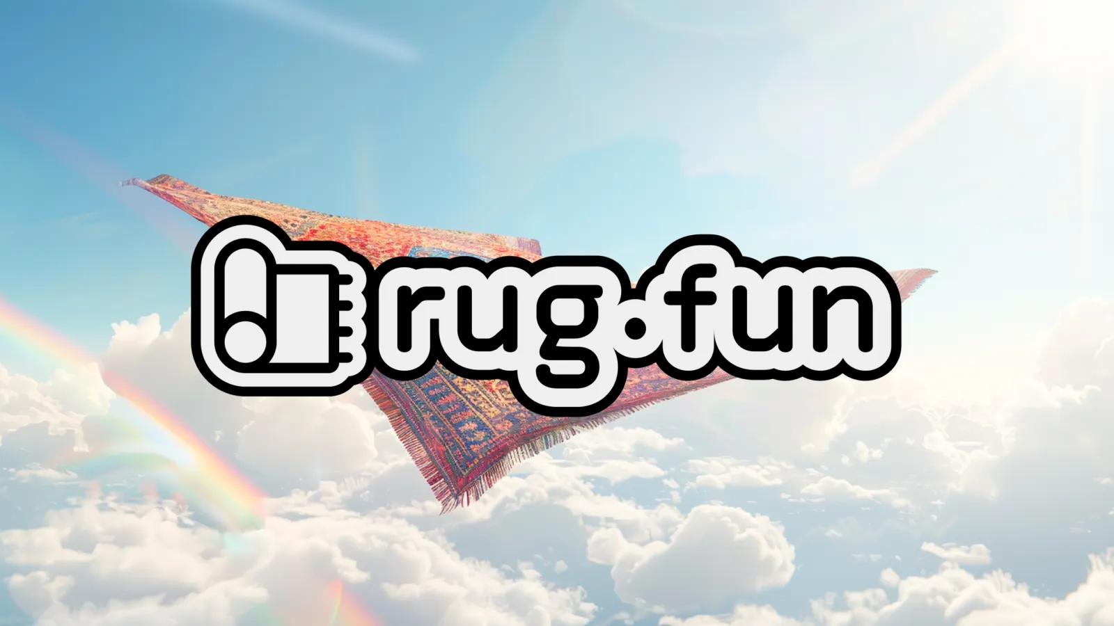 Rug flying among the clouds with "Rug.fun" logo.