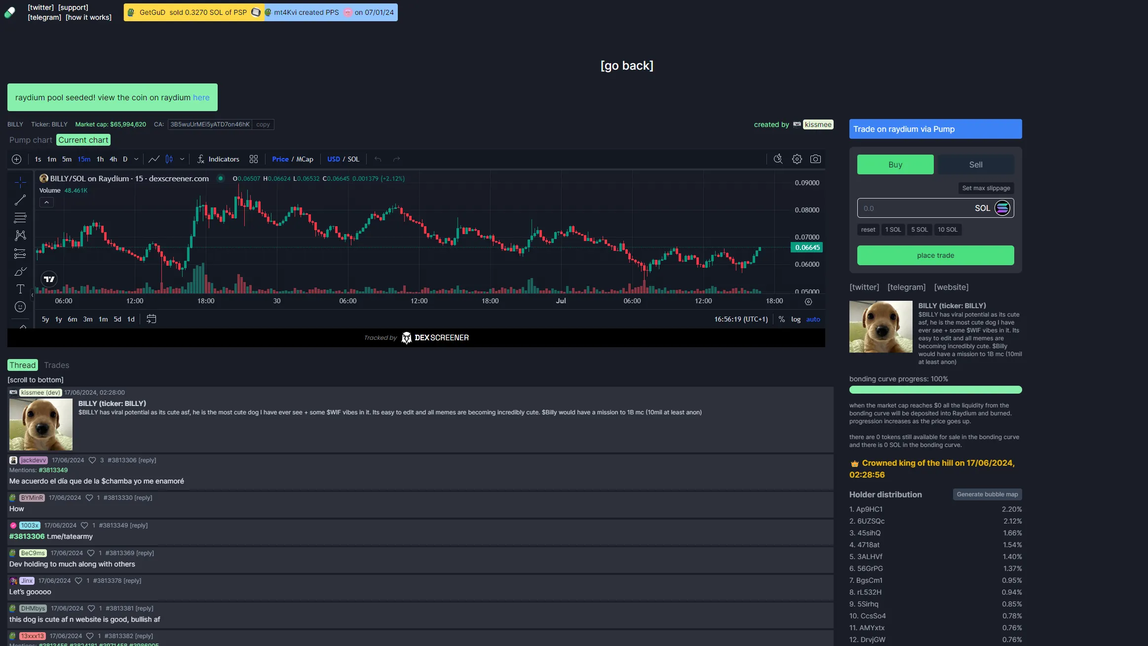 Billy meme coin page on Pump fun.