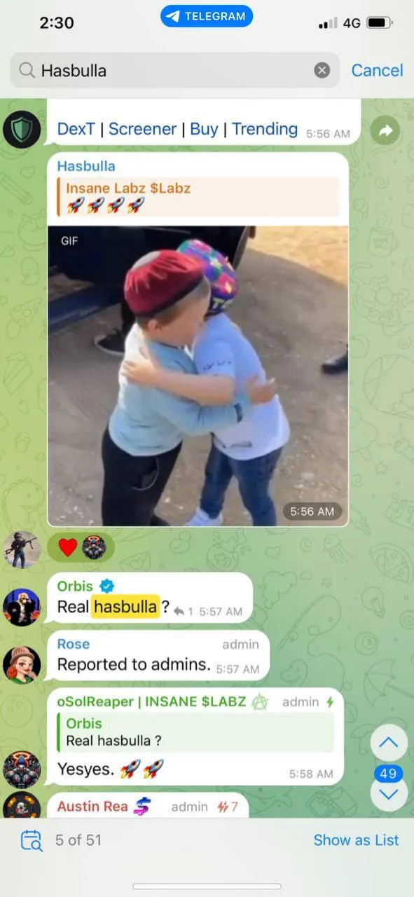 Captura de pantalla de Telegram, muestra a Hasbulla enviando mensajes y personas cuestionando si es real.