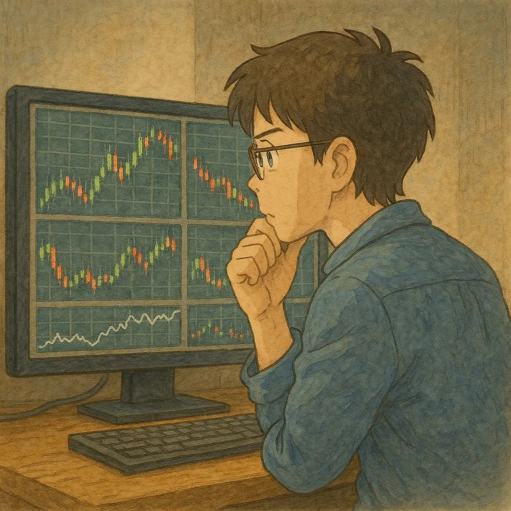 crypto enthusiast looking at chart in Studio Ghibli style